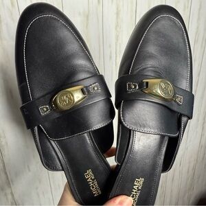Michael Kors Black Leather Loafer Mules with Gold Accent